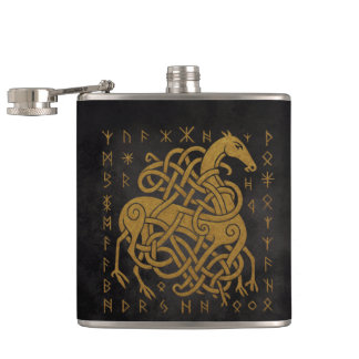 Sleipnir, Golden Norse Horse with Runes Symbol Hip Flask