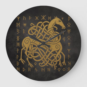 Sleipnir, Golden Norse Horse with Runes Symbol Large Clock