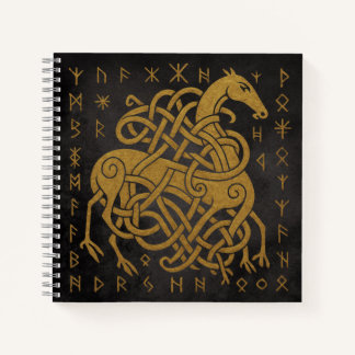 Sleipnir, Golden Norse Horse with Runes Symbol Notebook