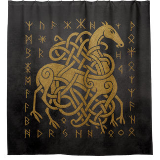 Sleipnir, Golden Norse Horse with Runes Symbol Shower Curtain