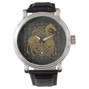 Sleipnir, Golden Norse Horse with Runes Symbol Watch