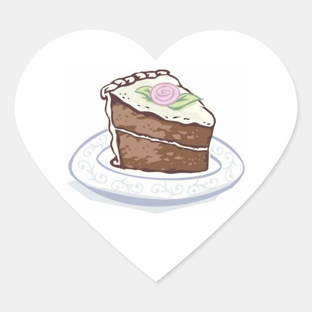 Slice of Chocolate Cake with Pink Rose Accent Wedd Heart Sticker (Front)