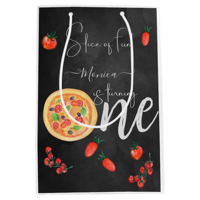 Slice of fun, first pizza birthday medium gift bag (Front)