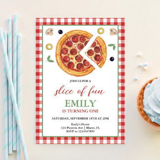 Slice of Fun ONE Pizza Party Birthday Invitation