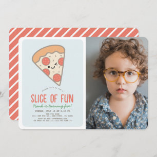 Slice of Fun Pizza Kawaii Blue Photo Boy Birthday Invitation