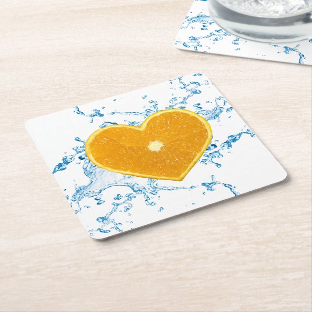 Slice of Heart-Shaped Orange Square Paper Coaster (Angled)