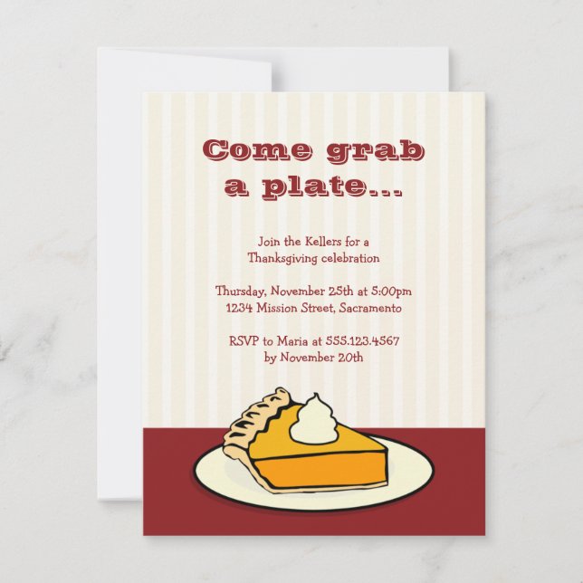 Slice of pumpkin pie on plate Thanksgiving dinner Invitation (Front)