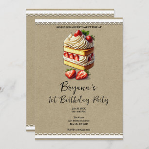 Slice of Strawberry Shortcake 1st 1 Birthday Party Invitation