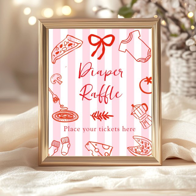 Slice Slice Baby Diaper Raffle Baby Shower Poster (Red and pink Diaper Raffle baby shower sign)