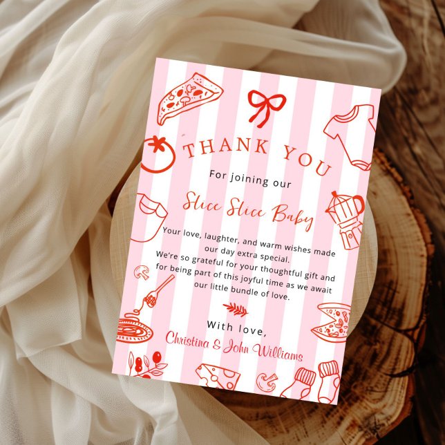 Slice Slice Baby Pizza Baby Shower Thank you Card (Red and Pink Slice Slice Baby Shower thank you card)