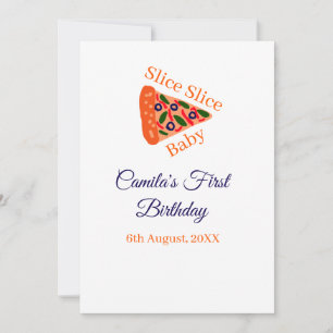 Slice Slice baby pizza brown blue 1st birthday Invitation