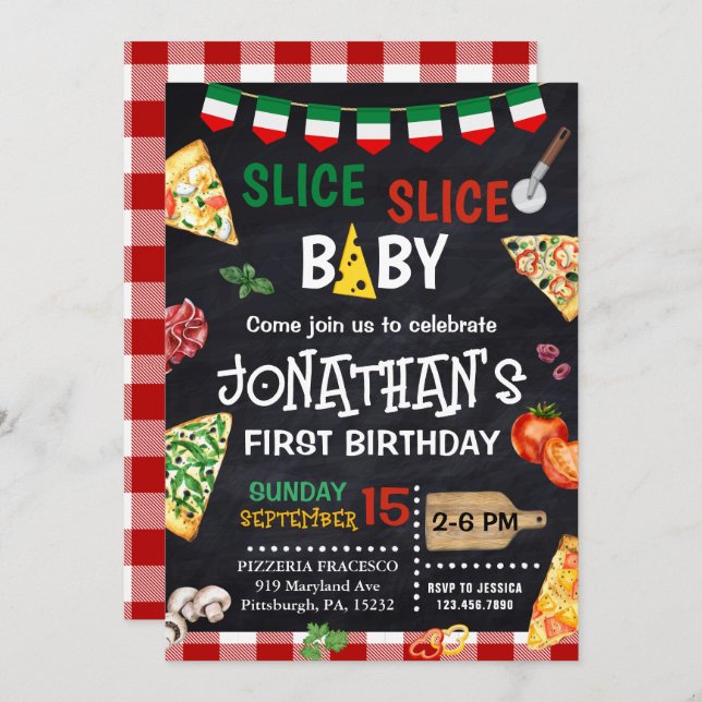 Slice Slice Baby Pizza Party 1st Birthday Invitation (Front/Back)
