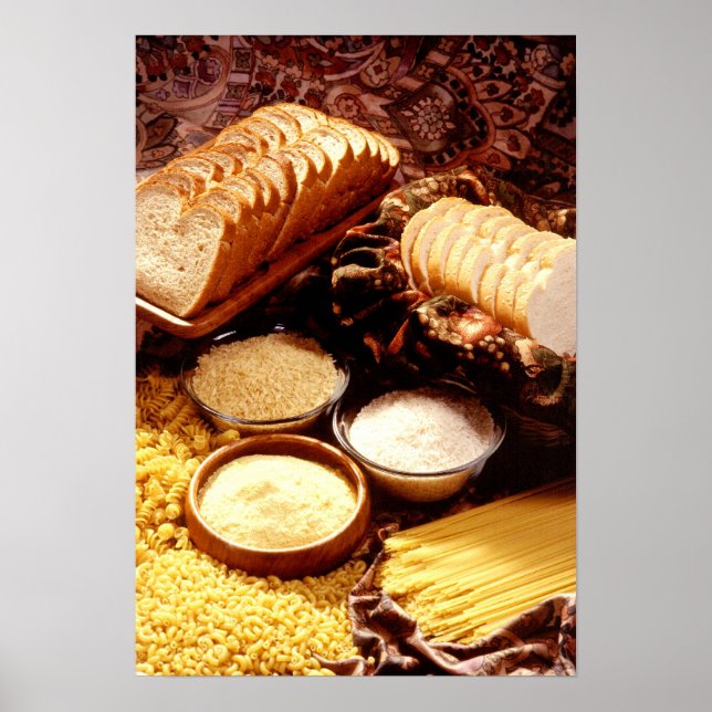 Sliced bread, flour, rice, and different pasta poster (Front)