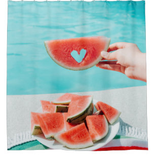 Sliced watermelon on white paper shower curtain