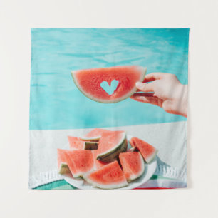 Sliced watermelon on white paper tapestry
