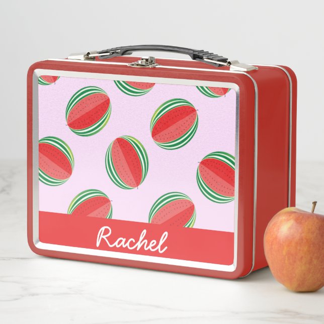 Sliced watermelon pattern on pink metal lunch box (In Situ)