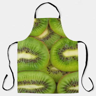 Slices of fresh and ripe kiwi fruit in rowsbrown,c apron