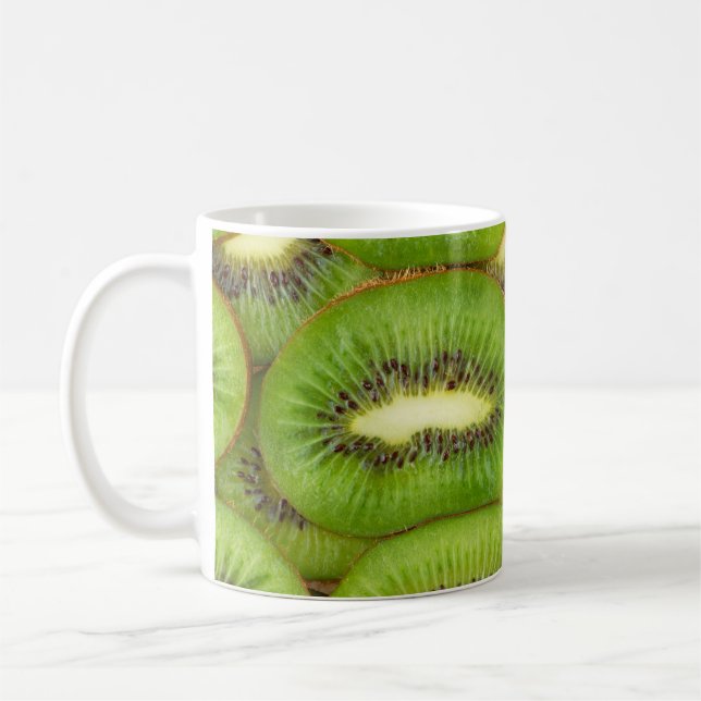 Slices of fresh and ripe kiwi fruit in rowsbrown,c coffee mug (Left)