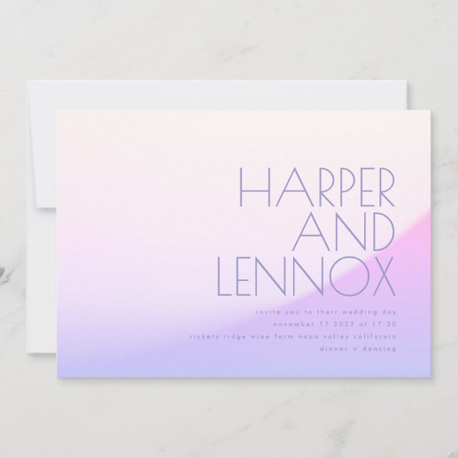 Slick Ombre Gradient Purple Mist Tropical Wedding Invitation (Front)