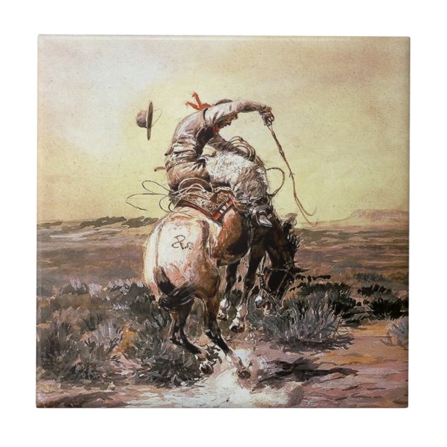 “Slick Rider” Western Art by Charles M Russell Ceramic Tile (Front)