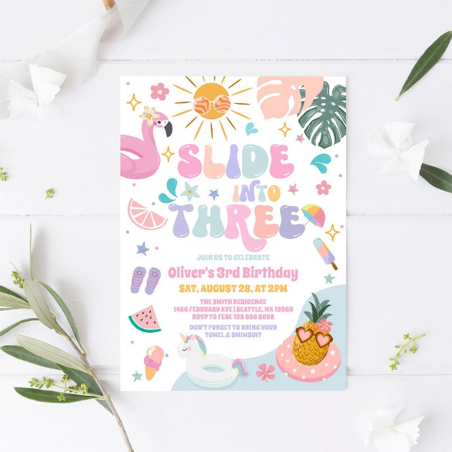 Slide Into Three Pool Party Summer 3rd Birthday Invitation (Creator Uploaded)