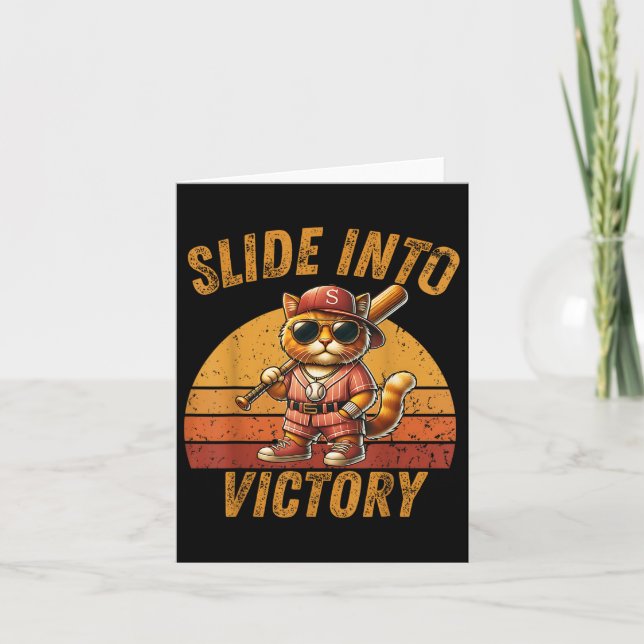 Slide Into Victory Funny Cat Baseball Sunset Vinta Card (Front)