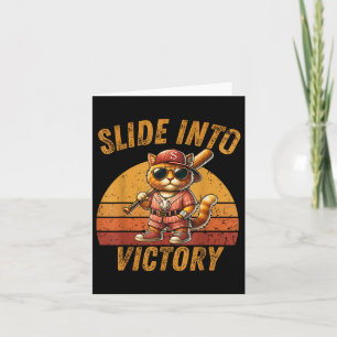 Slide Into Victory Funny Cat Baseball Sunset Vinta Card