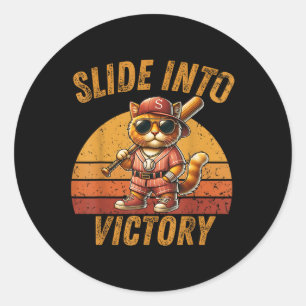 Slide Into Victory Funny Cat Baseball Sunset Vinta Classic Round Sticker