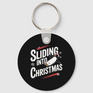 Sliding Into Christmas - Funny Penguin Christmas Key Ring