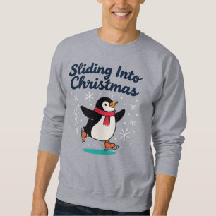 Sliding Into Christmas, Ice Skating Xmas Penguin Sweatshirt