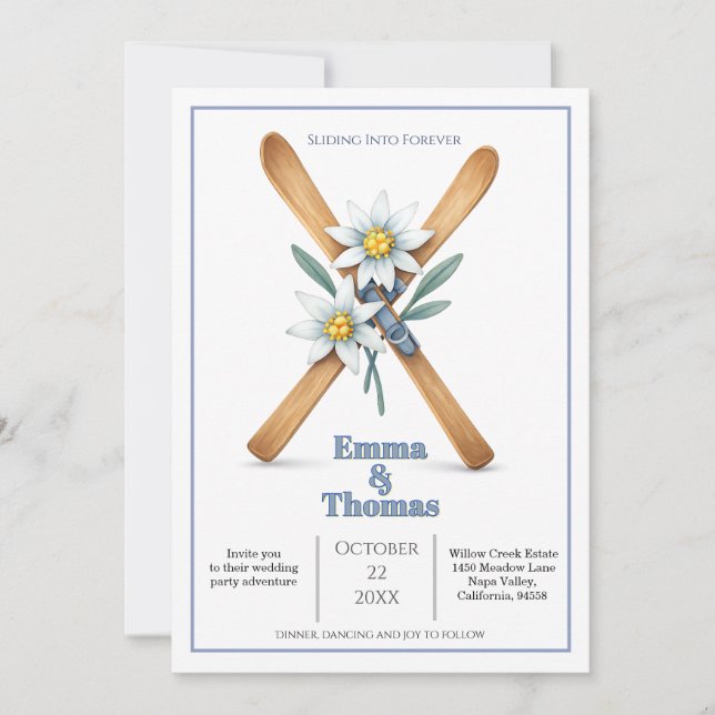 Sliding Into Forever Ski Edelweiss Flower Wedding  Invitation (Front)