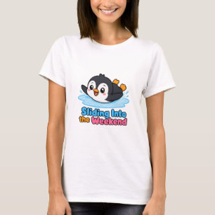 Sliding Into the Weekend Cute Penguin Design T-Shirt