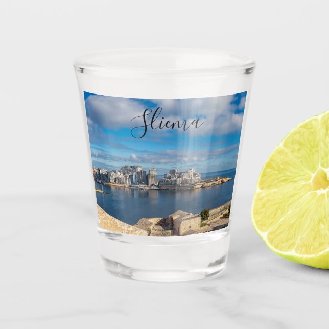  Sliema harbor and skyscrapers in Malta Shot Glass (Front)