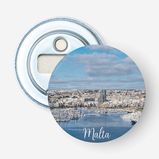 Sliema harbor with modern buildings and boats bottle opener (Front)