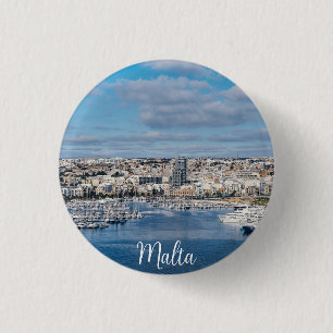 Sliema harbour with modern buildings and boats 3 cm round badge