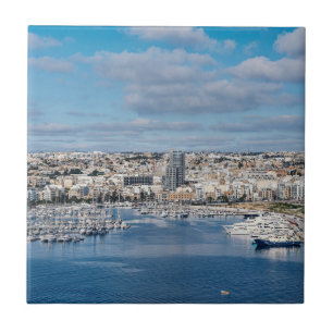 Sliema harbour with modern buildings and boats ceramic tile