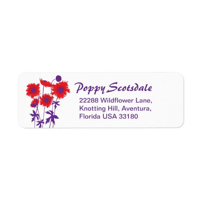 Slim graphic floral poppies reply address labels (Front)