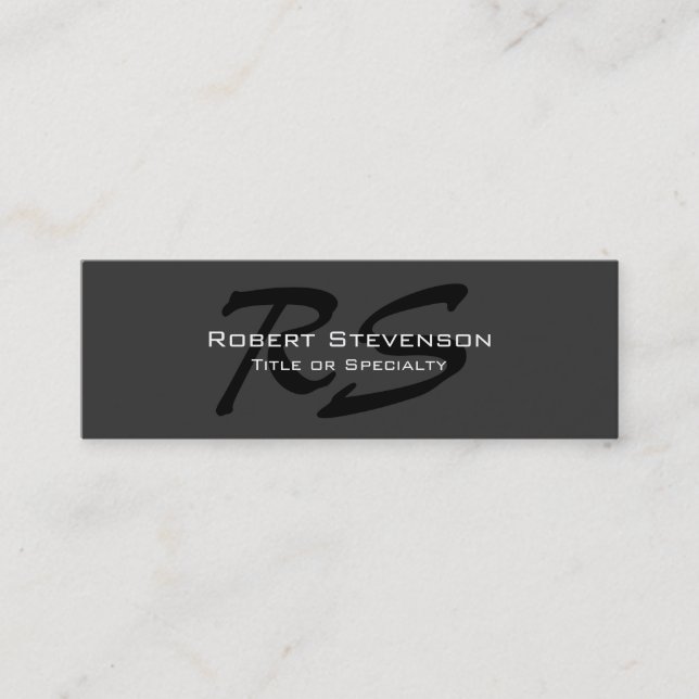 Slim Grey Black Script Monogram Mini Business Card (Front)