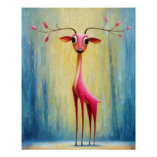 slim pink deer - blooming antlers - cartoon poster