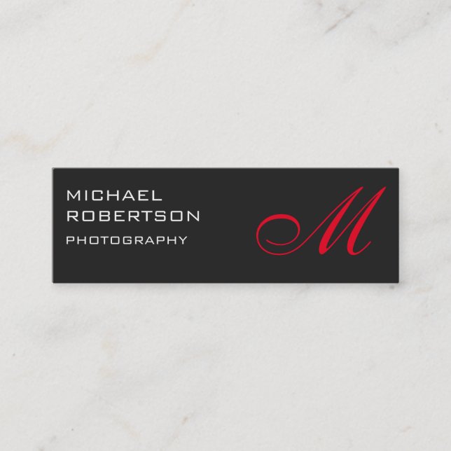 Slim Red Grey Monogram Photographer Business Card (Front)