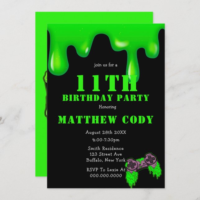 Slime and Games Boy 11th  Birthday Party Invites (Front/Back)