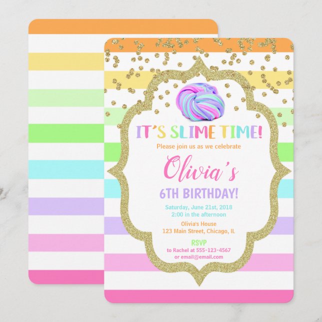 Slime birthday invitation, pastel rainbow girl invitation (Front/Back)