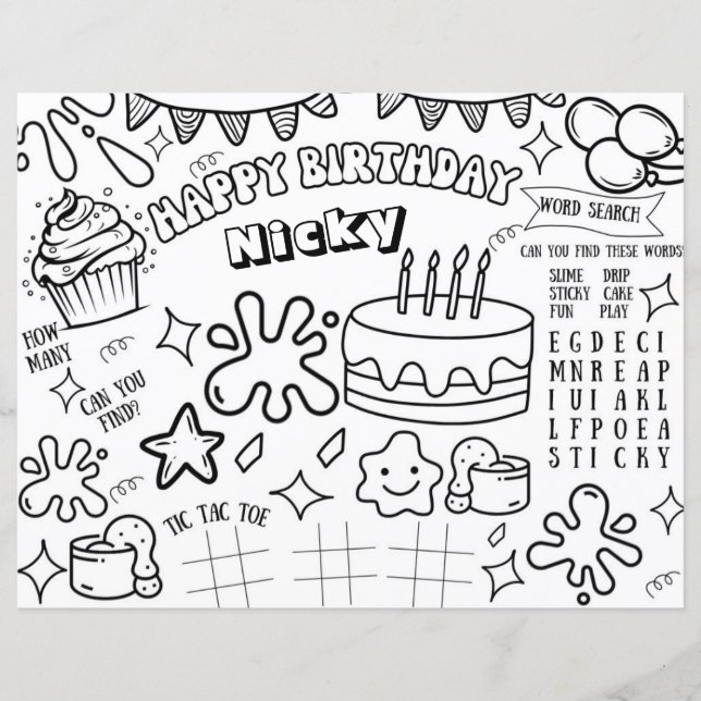 Slime Birthday Party Colouring Page Activity Kids (Front)