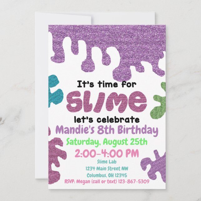 Slime birthday party invitation; slime lab; girls invitation (Front)