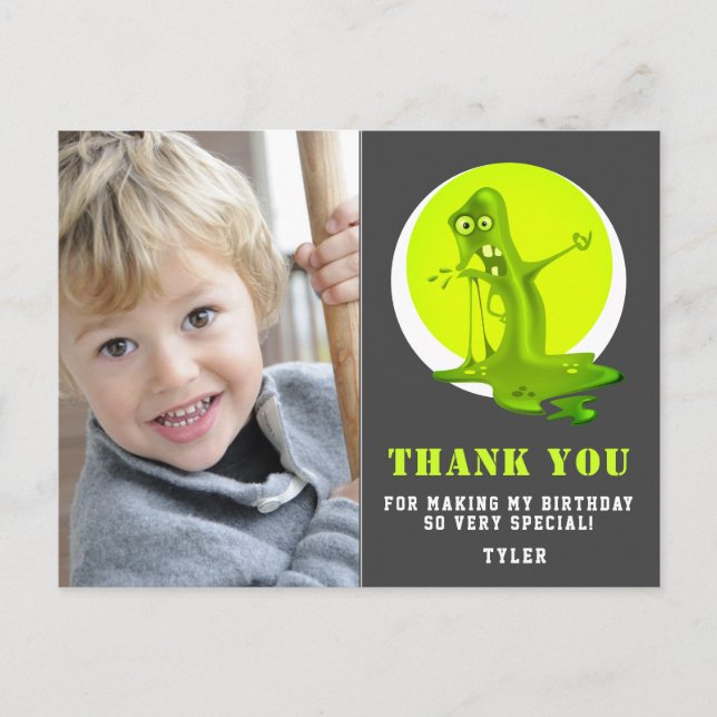 Slime Monster Green Kids Photo Birthday Thank you Postcard (Front)