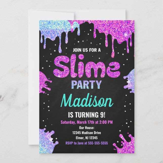 Slime Party Birthday Invitation Glitter (Front)