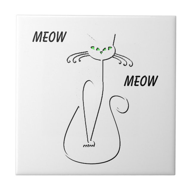 Slinky Black Cat Meow Meow Custom Text Green Eyes Ceramic Tile (Front)