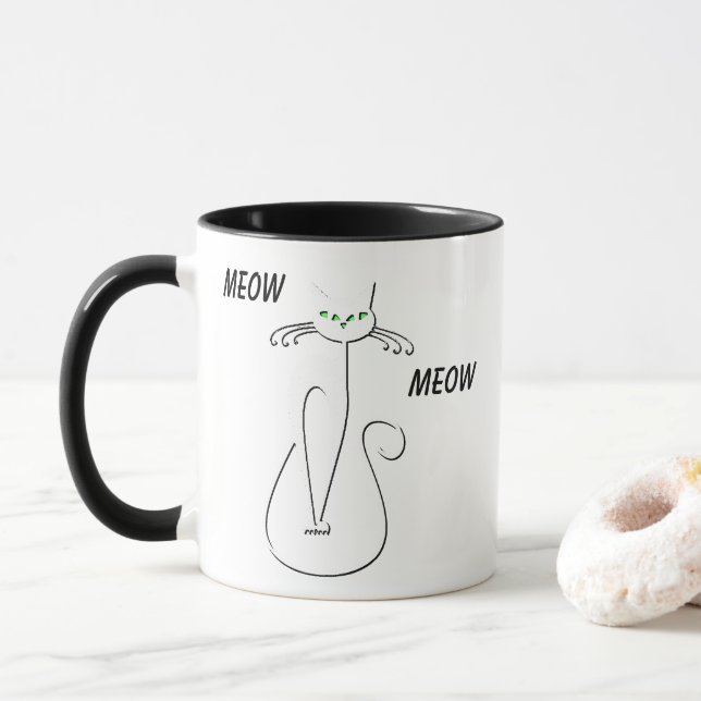 Slinky Black Cat Meow Meow Custom Text Green Eyes Mug (With Donut)