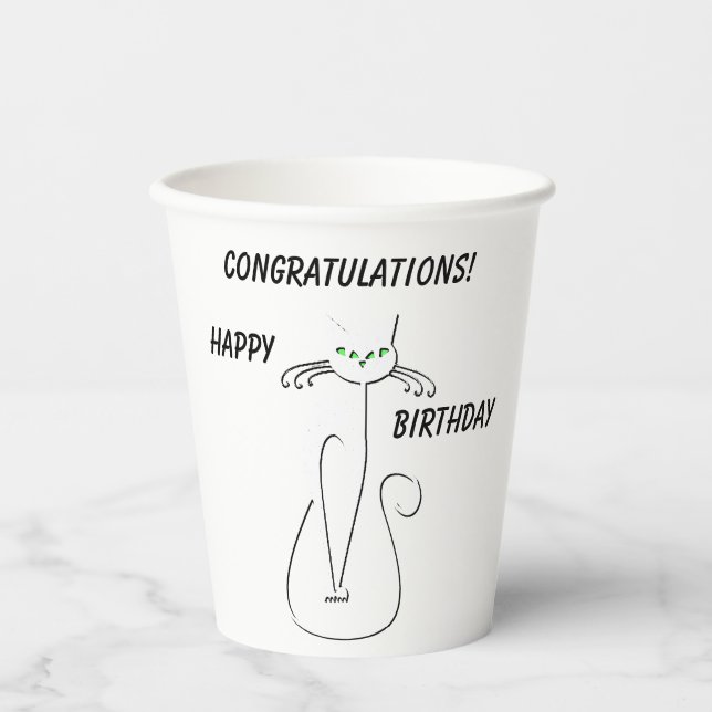 Slinky Black Cat Meow Meow Custom Text Green Eyes Paper Cups (Front)