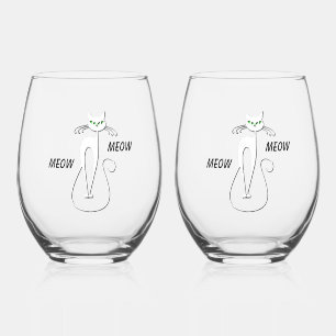 Slinky Black Cat Meow Meow Custom Text Green Eyes Stemless Wine Glass